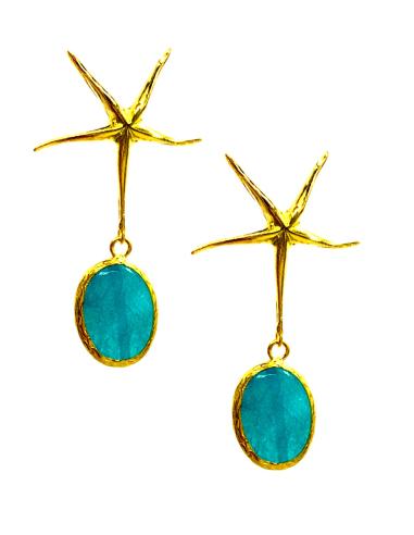 PENDIENTES MUJER LARGOS AZUL AGUAMARINA CON ESTRELLA FINA BAÑADOS EN ORO