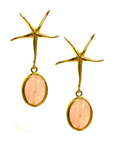 PENDIENTES DORADOS ESTRELLA FINA Y LÁGRIMA DE PIEDRA NATURAL ROSA