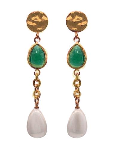 PENDIENTES LARGOS CON PIEDRA VERDE ESMERALDA Y PERLA NACARADA OVALADA