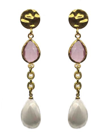 PENDIENTES LARGOS DE PERLA Y PIEDRA ROSA CON CADENA BAÑADA EN ORO