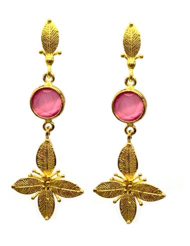 PENDIENTES LARGOS DORADOS CON CRISTAL FACETADO ROSA MUY ELEGANTES