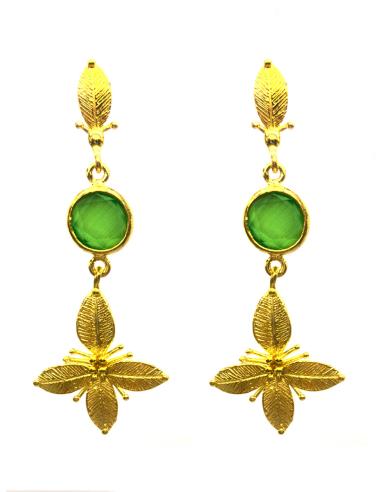 PENDIENTES LARGOS MUJER CON CRISTAL VERDE Y LÁGRIMA DE FLOR  DE ALTA BISUTERÍA