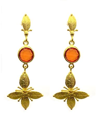 PENDIENTES MUJER LARGOS BAÑADOS EN ORO CON CRISTAL FACETADO NARANJA Y LÁGRIMA DE FLOR