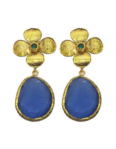 PENDIENTES MUJER AZUL MARINO LARGOS LÁGRIMA OVAL CON GRAN FLOR DORADA BAÑADA EN ORO