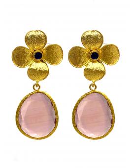 PENDIENTES LARGOS OVAL ROSAS CON GRAN FLOR DORADA BAÑADA EN ORO PARA BODAS
