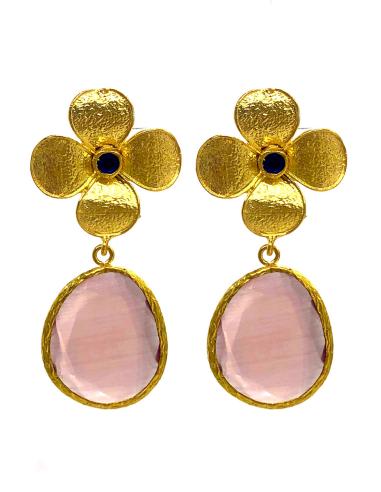 PENDIENTES LARGOS OVAL ROSAS CON GRAN FLOR DORADA BAÑADA EN ORO PARA BODAS