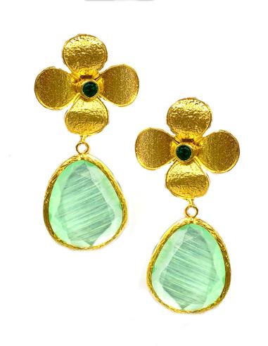 PENDIENTES MUJER  LARGOS OVAL VERDE PASTEL CON FLOR BAÑADA EN ORO
