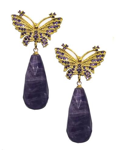 PENDIENTES LARGOS DE`PIEDRA Y BONITA MARIPOSA DORADA