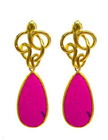 PENDIENTES LÁGRIMA ROSA FUCSIA SOBRE SERPIENTE BAÑO ORO LARGOS
