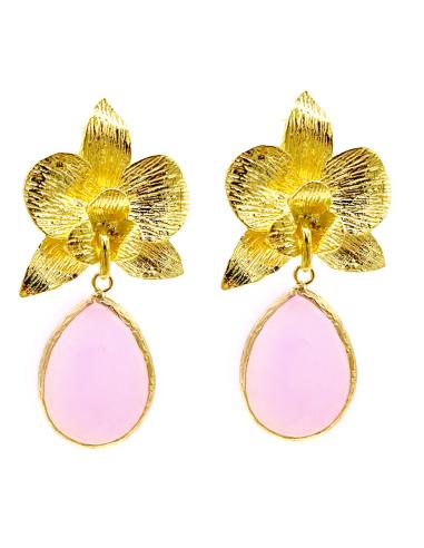 PENDIENTES LARGOS ROSAS LÁGRIMA OVAL SOBRE FLOR TRIANGULAR