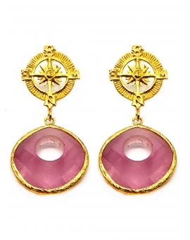 PENDIENTES BRÚJULA ROSAS DE ALTA BISUTERÍA CHAPADA EN ORO