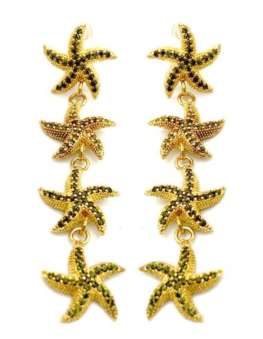 PENDIENTES MUJER LARGOS DE ESTRELLAS DE MAR DORADAS CON CIRCONITAS VERDE MILITAR