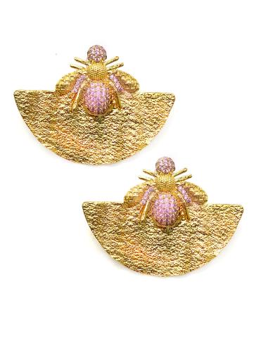 PENDIENTES GRANDES BAÑADOS EN ORO CON ABEJA DE CIRCONITAS ROSAS SOBRE ABANICO