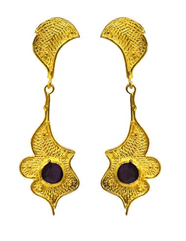 PENDIENTES DORADOS LARGOS CON CRISTAL FACETADO MORADO DISEÑO ORIGINAL