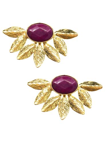 PENDIENTES PIEDRA MORADA SOBRE HOJAS EN ORO ANCHOS