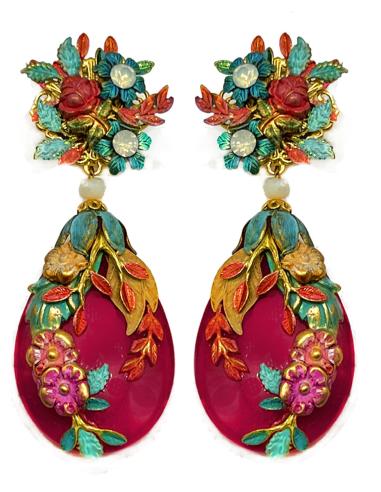 PENDIENTES LARGOS LAGRIMA FUCSIA BUGAMBILIA DECORADA A MANO
