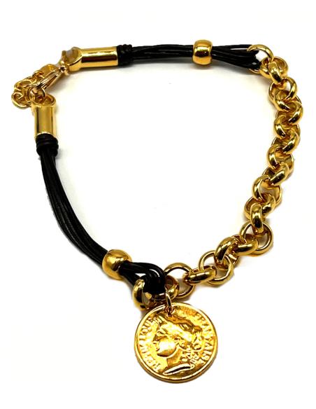 PULSERA DORADA Y DE CUERO CON MONEDA REPLICA JOYAS ANTIGUAS
