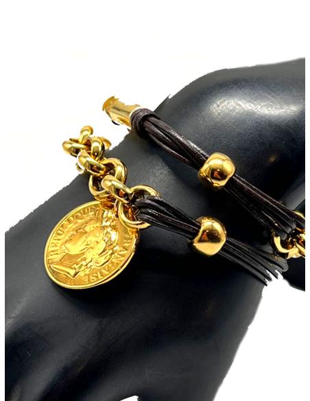 PULSERA DORADA Y DE CUERO CON MONEDA REPLICA JOYAS ANTIGUAS