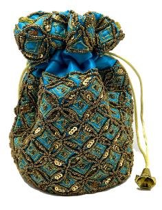 BOLSOS LIMOSNERA AZUL TURQUESA CON BORADOS DORADOS