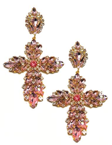 PENDIENTES LARGOS ROSAS CON PRECIOSO DISEÑO CRUZ DE CRISTAL