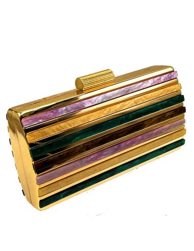CLUTCH FIESTA CAREY SINTETICO CON RAYAS EN VERDE MAR Y MORADO