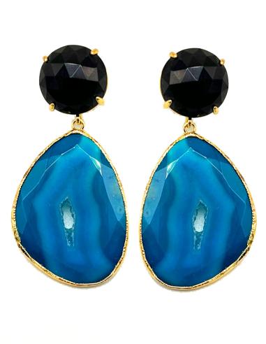 PENDIENTES LARGOS DE PIEDRAS AZULES Y HOJITA DORADA
