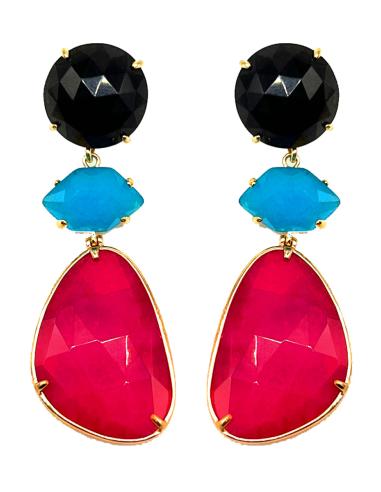PENDIENTES LARGOS DE PIEDRAS EN NEGRO AZUL Y FUCSIA