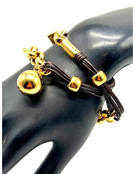 PULSERA DE CUERO Y CADENA CON BOLA TRANSFORMABLE EN COLLAR