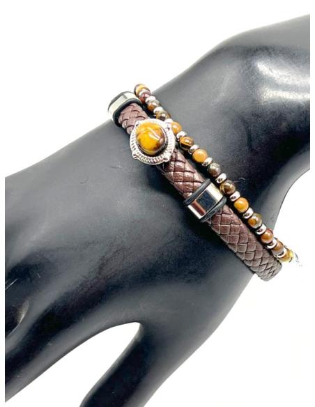 PULSERAS PARA HOMBRE MARRONES CON PIEDRA OJO DE GATO