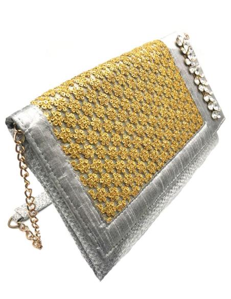BOLSOS DE FIESTA DISEÑO CARTERA JOYA EN GRIS PLATA Y DORADO