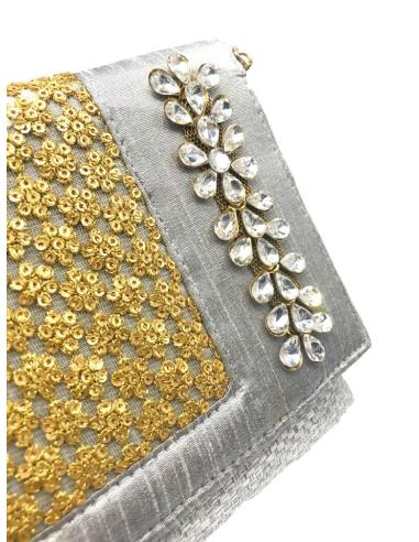 BOLSOS DE FIESTA DISEÑO CARTERA JOYA EN GRIS PLATA Y DORADO