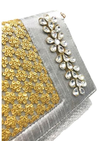 BOLSOS DE FIESTA DISEÑO CARTERA JOYA EN GRIS PLATA Y DORADO
