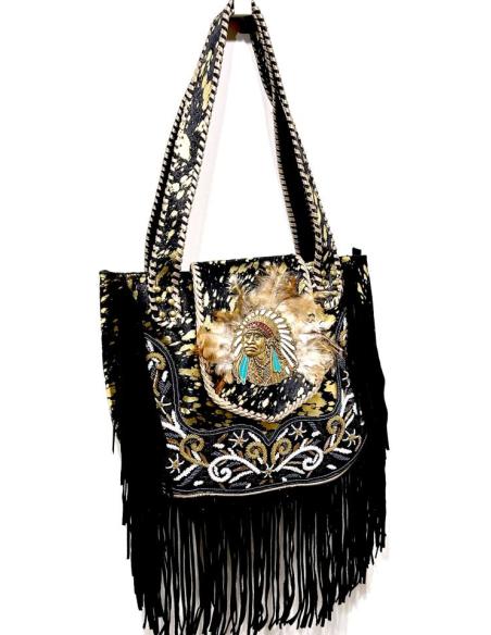 BOLSOS DE PIEL NEGROS FIGURA INDIO CON PLUMAS Y FLECOS