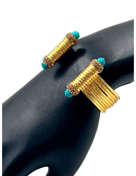PULSERA BRAZALETE BAÑADO EN ORO SENCILLO Y ANCHO CON PIEDRA TURQUESA Y CIRCONITAS