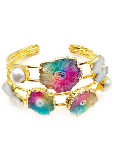 PULSERA BRAZALETE BAÑADO EN ORO CON ÁGATAS MULTICOLOR Y PIEDRAS DE LUNA