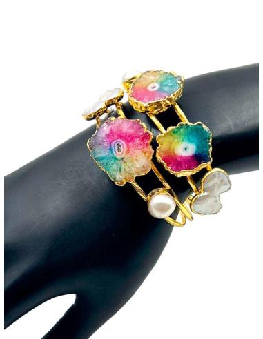 PULSERA BRAZALETE BAÑADO EN ORO CON ÁGATAS MULTICOLOR Y PIEDRAS DE LUNA