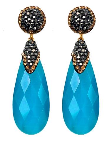 PENDIENTES AZUL TURQUESA LARGOS CON CIRCONITAS NEGRAS Y DORADAS PARA FIESTAS