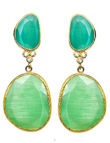 Pendientes mujer largos de piedra natural color verde claro con circonitas