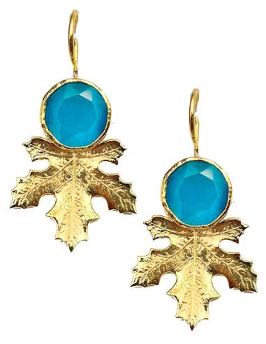 PENDIENTES MUJER CON HOJA DORADA Y PIEDRA NATURAL AZUL CIAN