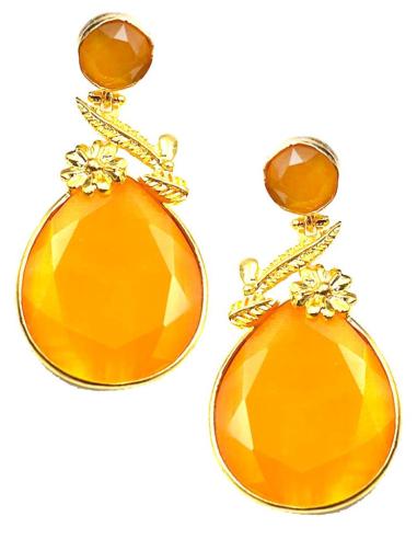 PENDIENTES AMARILLOS ANARANJADOS LARGOS PARA VESTIDOS DE FIESTA CON FLORES DORADAS