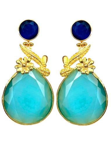 PENDIENTES AZUL CIELO LÁGRIMA OVAL BAÑADOS EN ORO DE FIESTA CON FLORES DORADAS
