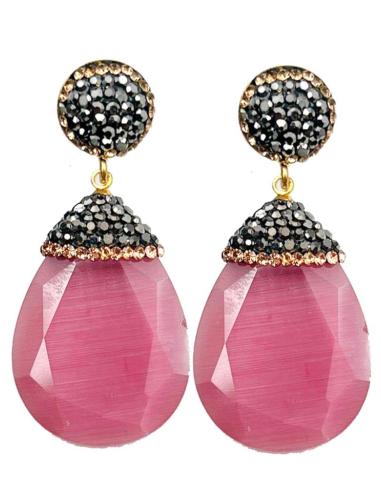 PENDIENTES MUJER ROSAS DE FIESTA CON CIRCONITAS NEGRAS Y DORADAS