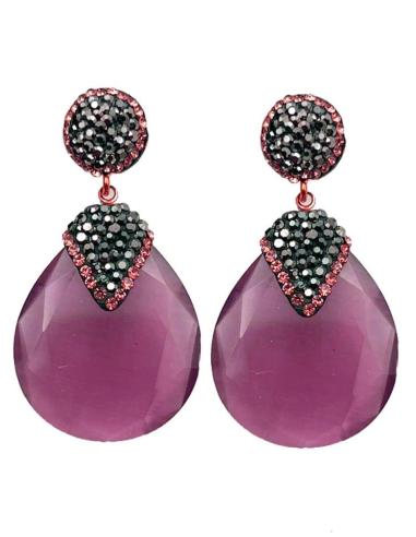 PENDIENTES VIOLETA OVALADOS CON CIRCONITAS NEGRAS Y DORADAS PARA VERANO