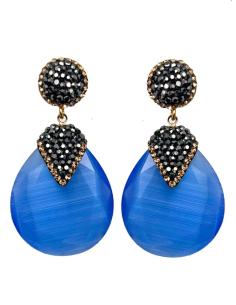 PENDIENTES OVAL LÁGRIMA AZUL CON CIRCONITAS NEGRAS Y DORADAS PARA VERANO