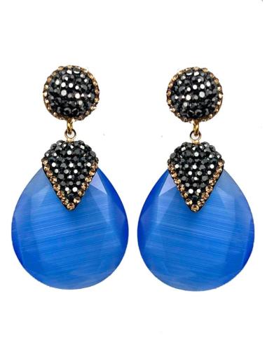 PENDIENTES OVAL LÁGRIMA AZUL CON CIRCONITAS NEGRAS Y DORADAS PARA VERANO