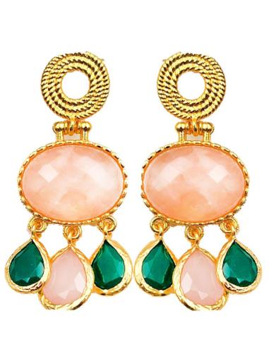 PENDIENTES MUJER ROSAS Y VERDES BAÑADOS EN ORO DE ALTA BISUTERÍA DISEÑO VINTAGE
