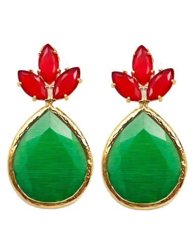 PENDIENTES MUJER VERDES Y ROJOS DE ALTA BISUTERÍA EN FORMA DE LÁGRIMA ACABADA EN ORO