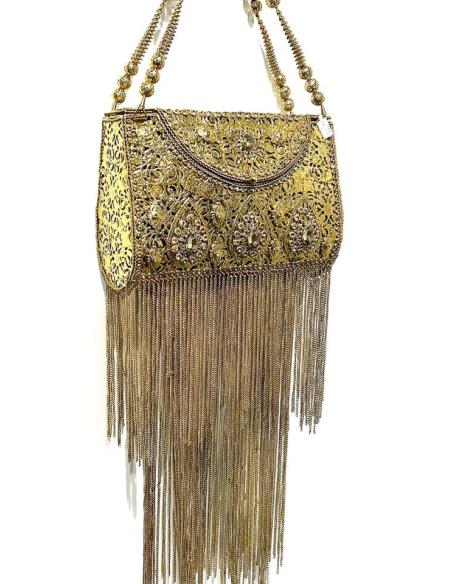 BOLSO ESPECTACULAR DE FIESTA DORADO METAL Y FLECOS DE CADENA