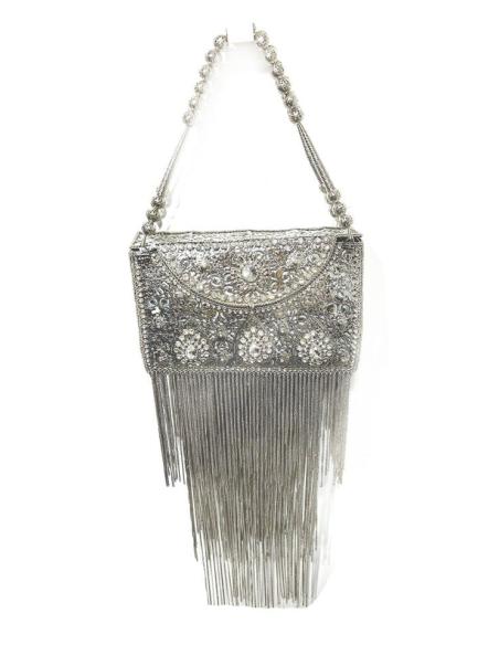 BOLSO ESPECTACULAR DE FIESTA PLATA METAL Y FLECOS DE CADENA