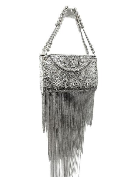BOLSO ESPECTACULAR DE FIESTA PLATA METAL Y FLECOS DE CADENA
